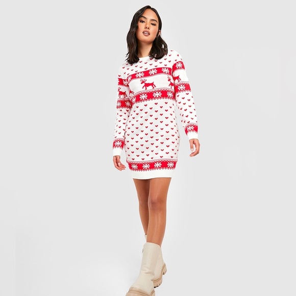 Boohoo Dresses & Skirts - Festive Red and White Sweater Dress